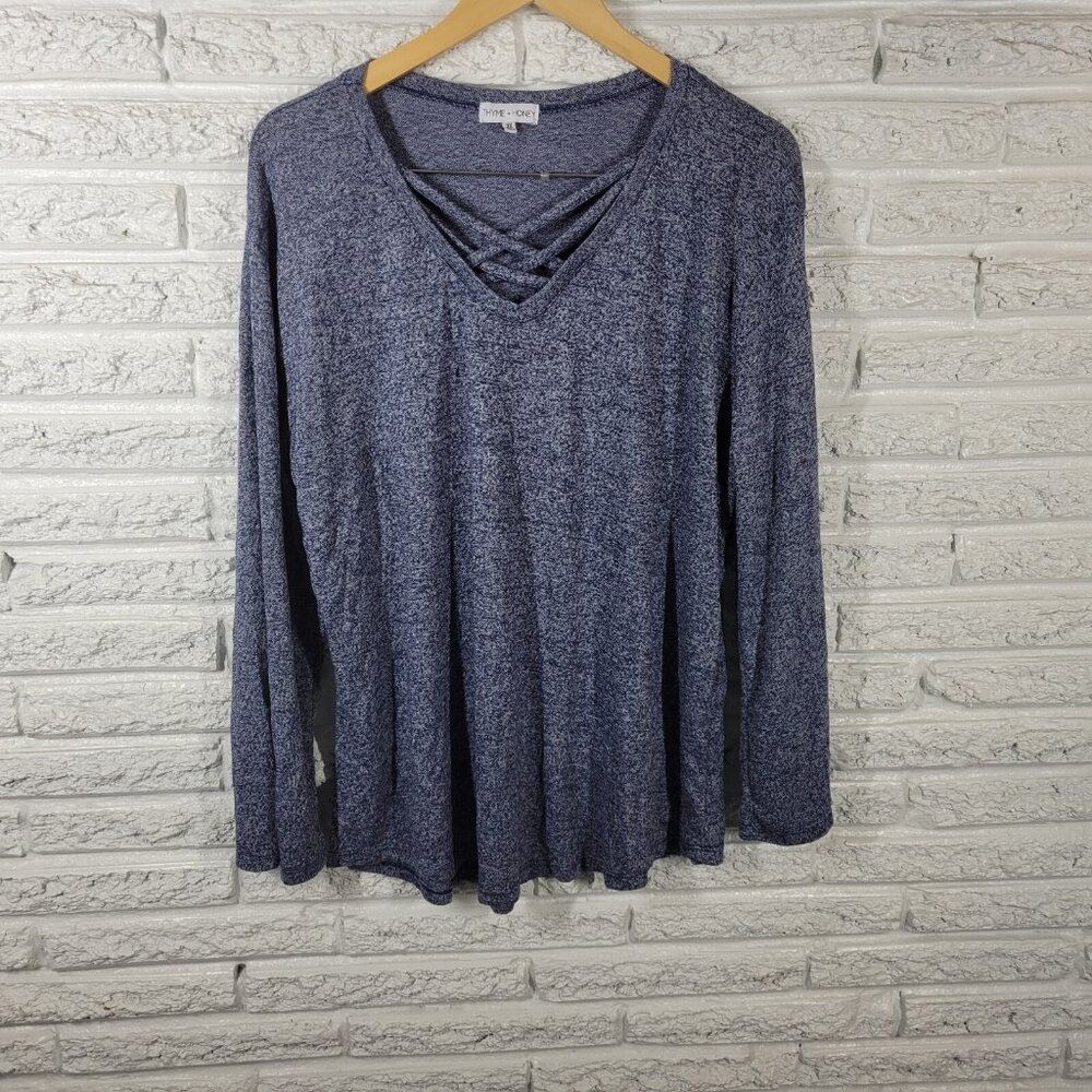 Thyme & Honey Plus Size 3X Blue Heather V-Neck Blouse Long Sleeve BLU230E